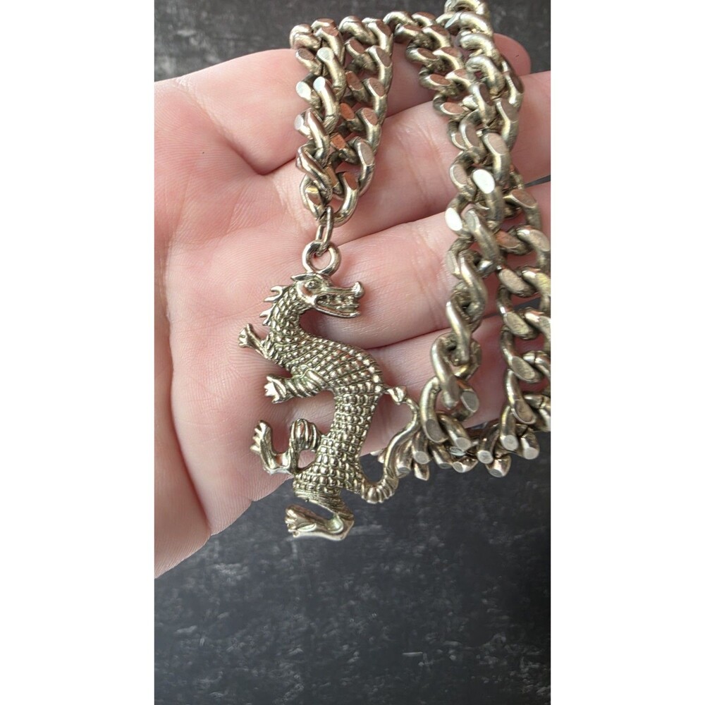 Silver Tone Metal Dragon Pendant Necklace Vintage Costume Jewelry